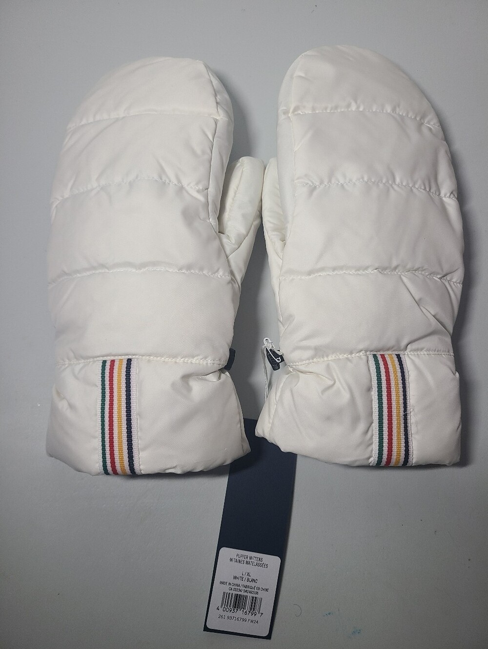 Rare* Hudson's Bay Company Stripes White Quilted Puffer Mittens Size L/XL